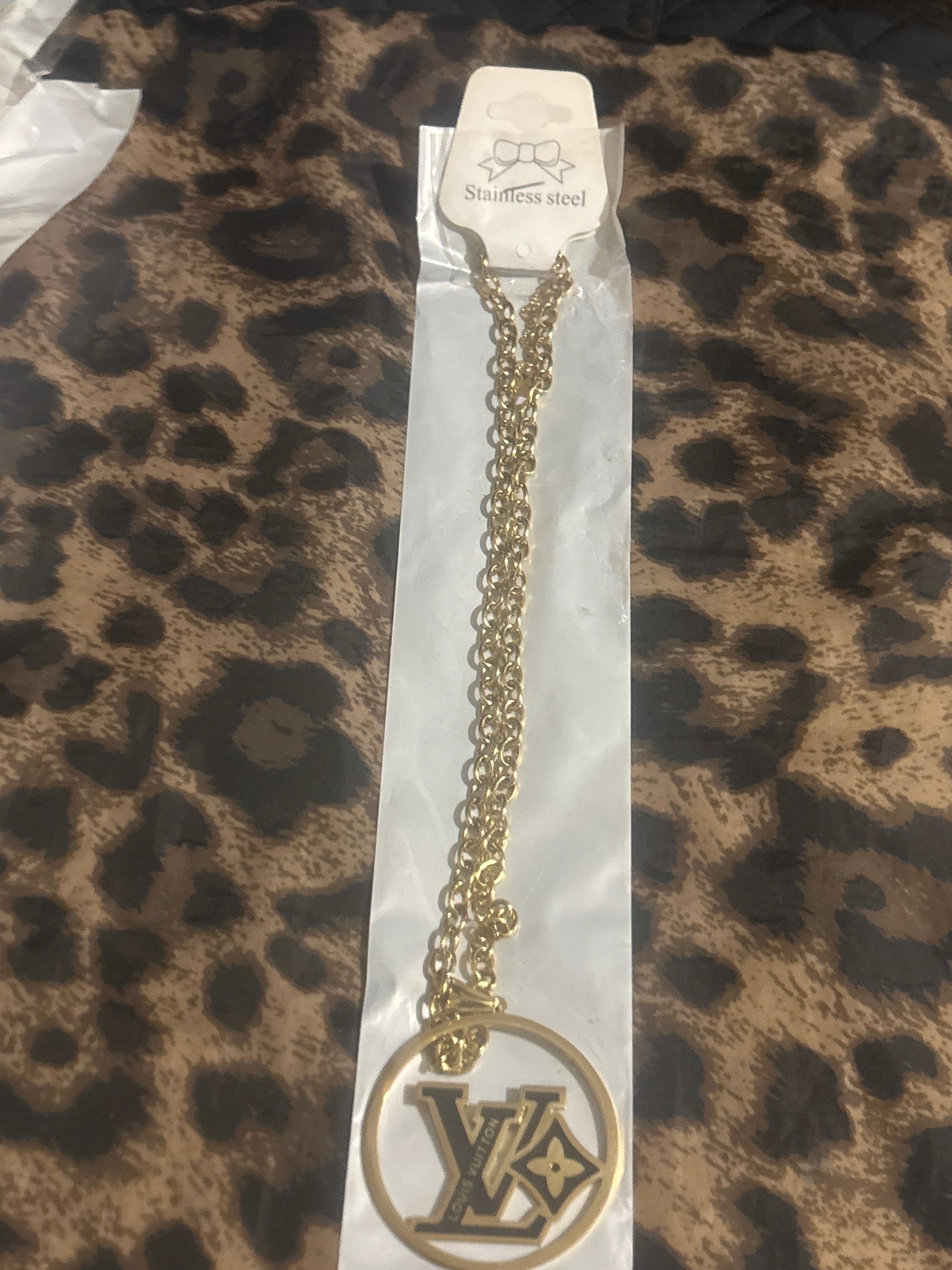 Gold LV Logo Pendant Necklace | Stainless Steel Chain | Designer-Inspired | Item #0009