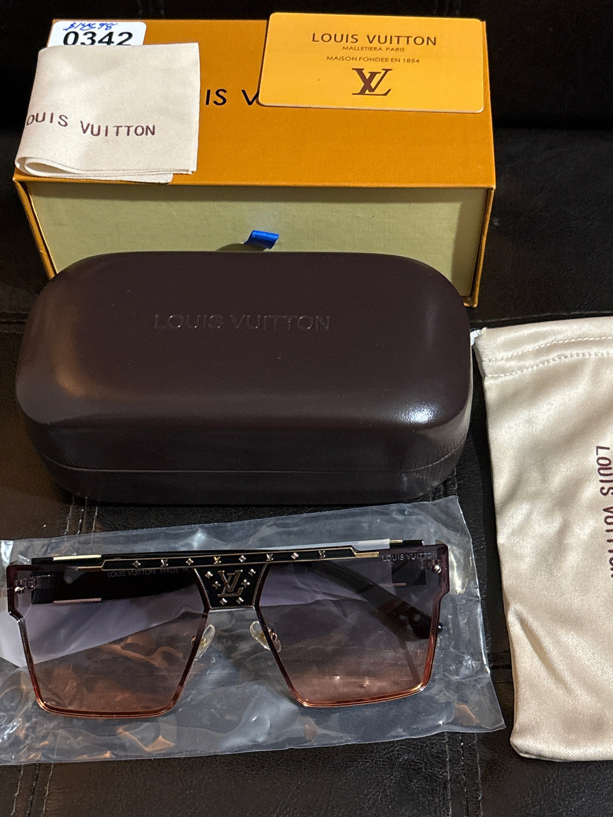 Luxury Inspired LV Square Shield Sunglasses | Crystal Studded Brow Bar & Gradient Lenses 🕶️✨🪩 #0342