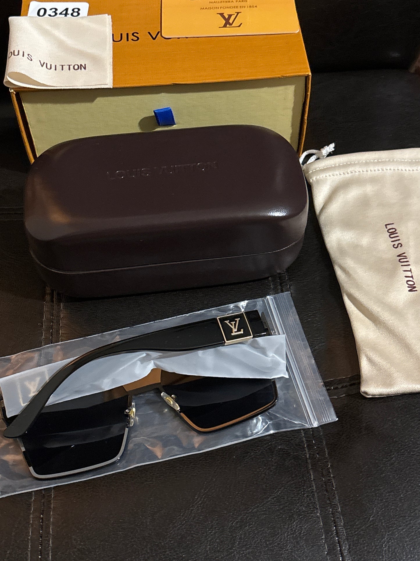 Luxury Inspired LV Flat-Top Shield Sunglasses | Black & Gold Crystal Brow Bar, Prescription-Ready 🖤✨🕶️ #0348