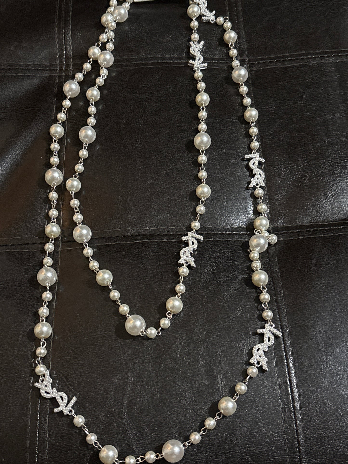 ✨ Luxury Long Graduated Pearl & Rhinestone Monogram Station Necklace — Style #1257 🫖💎