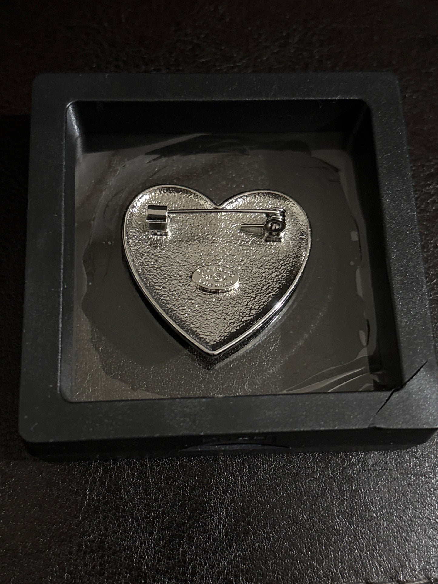 Luxury Black Enamel Multi-Icon Heart Brooch with Crystal Double-C, Camellia, Pearl & Number 5 in Shadow Box 🖤🌸💎✨