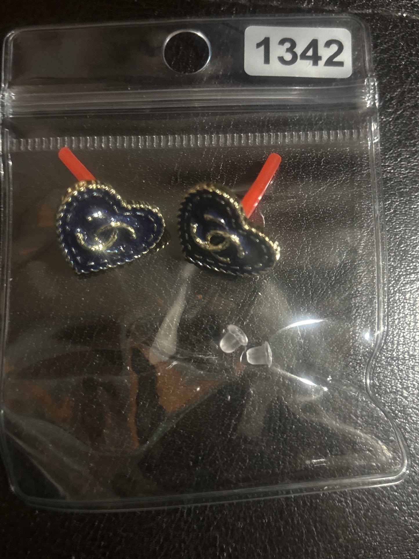 ✨ Navy Denim Enamel CC Logo Heart Stud Earrings in Gold — Item #1342