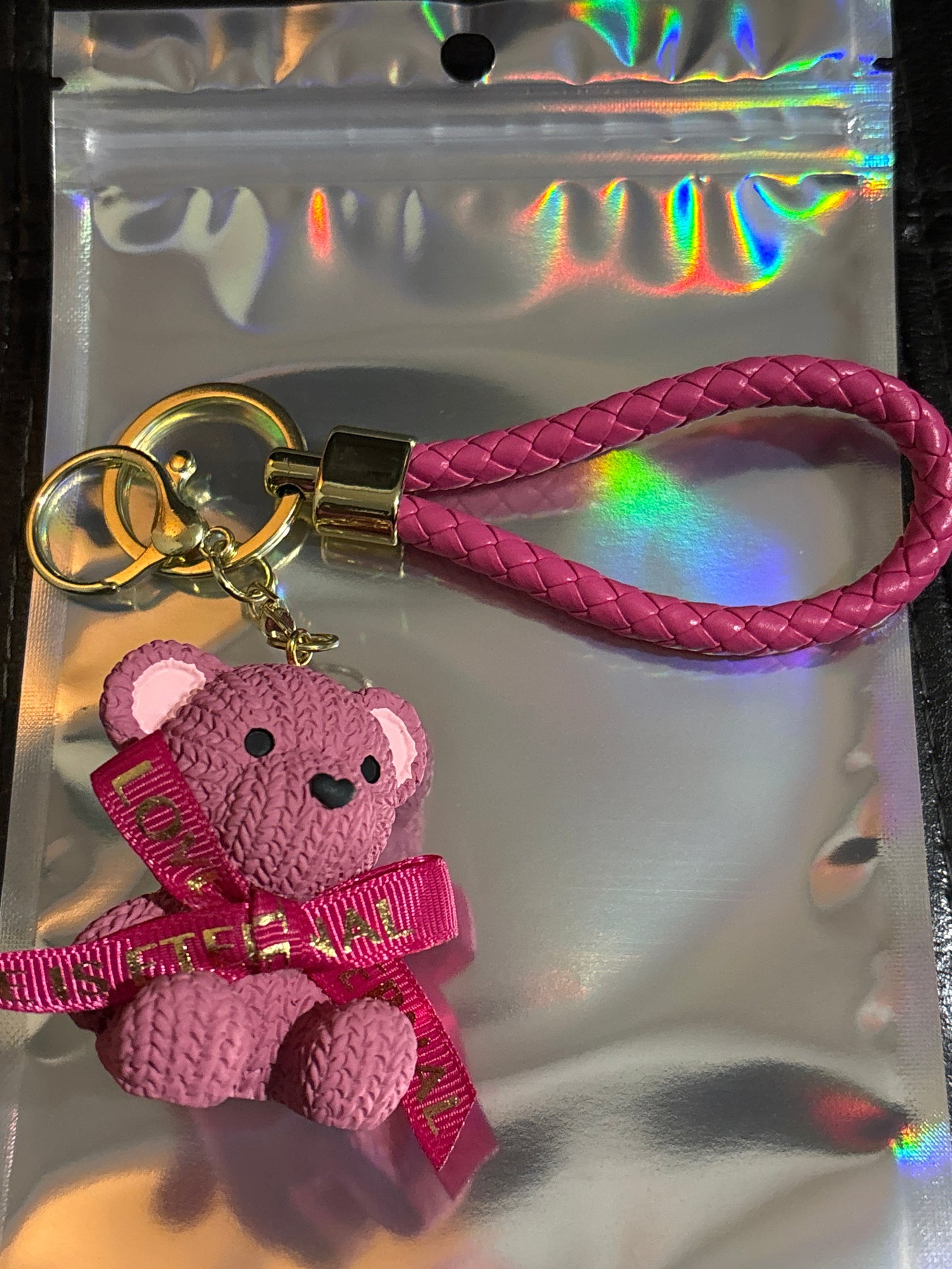 Pink Textured Teddy Bear Bag Charm & Keychain with Braided Wrist Strap & Eternal Love Bow 🐻💗✨