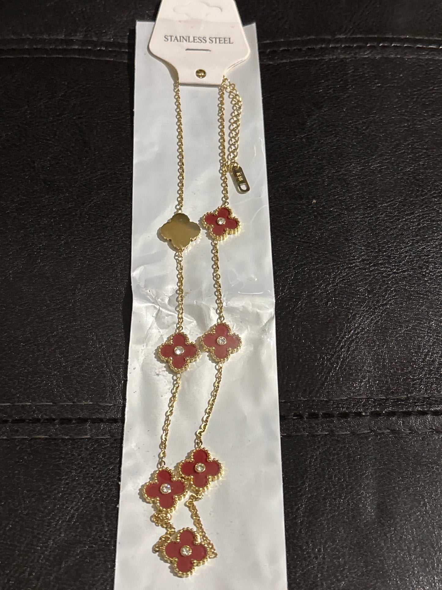🍀 Luxury Gold-Tone Stainless Steel Red Enamel Four-Leaf Clover Crystal Center Station Necklace — Style #1655 💎✨