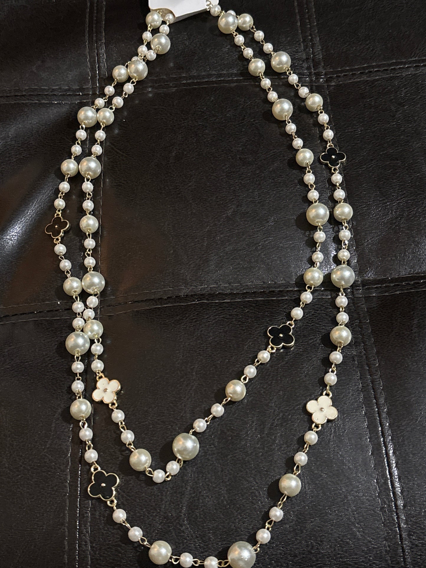 🌿 Luxury Double-Strand Pearl & Enamel Clover Long Sweater Necklace — Style #1238 🫖✨