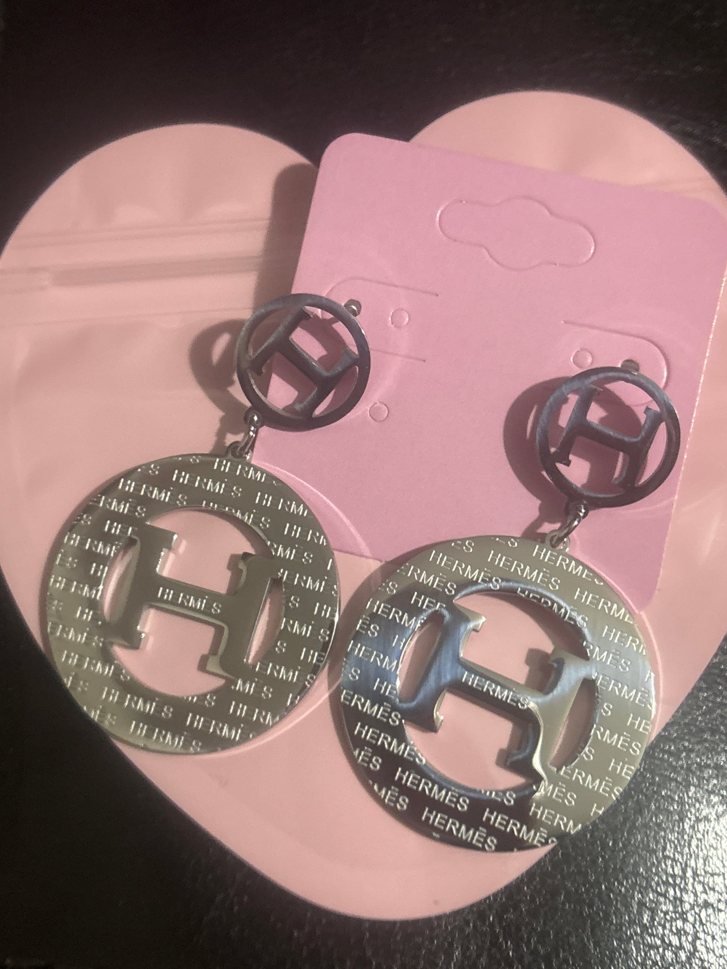 Hermès H Logo Drop Earrings 🪨✨ Silver Stainless Steel | All-Over Logo Circle Pendant | Luxury Statement Jewelry 💎