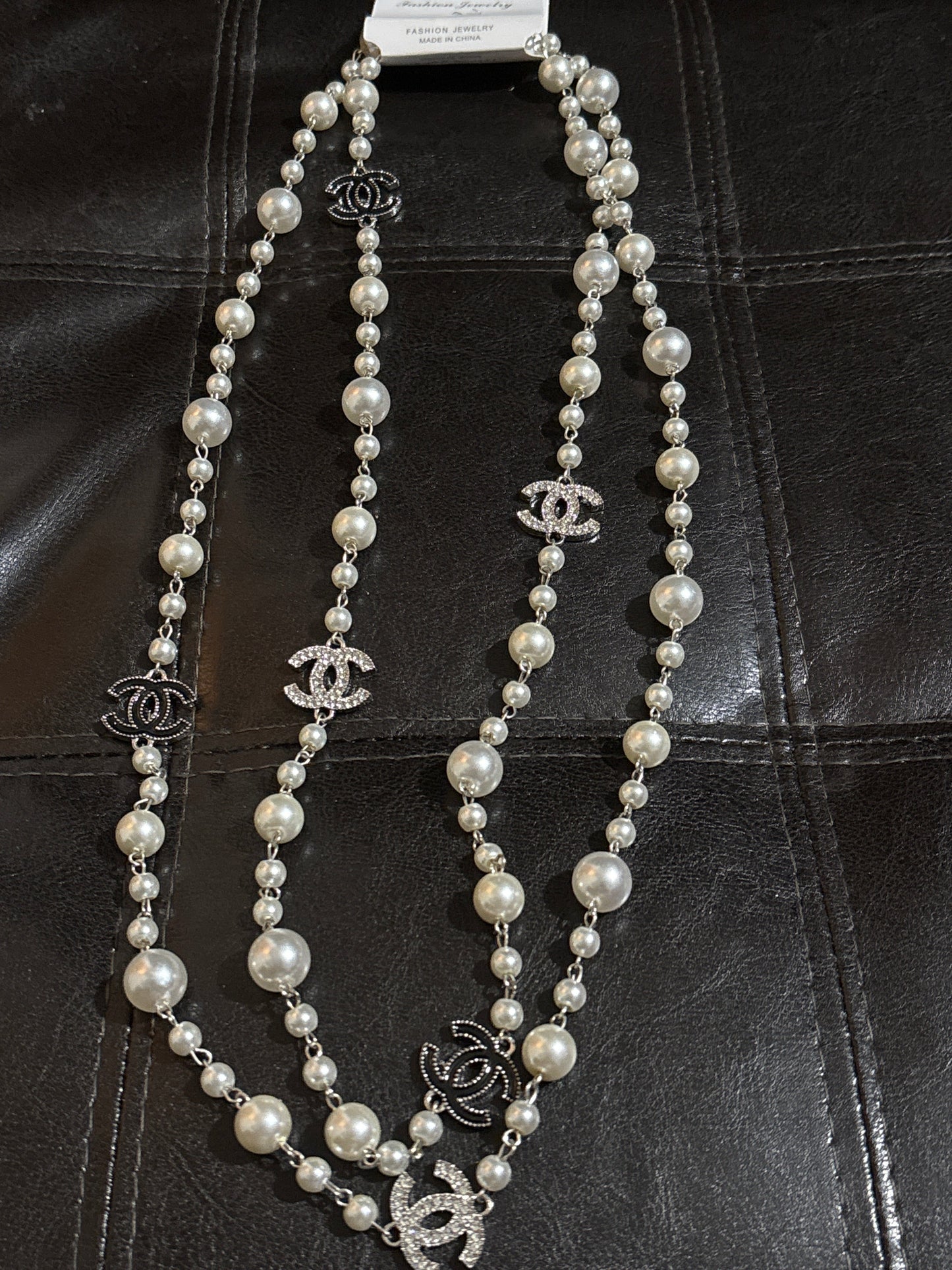 🖤 Luxury Long Pearl Crystal & Dark CC Station Sautoir Necklace — Style #1243 🫖✨