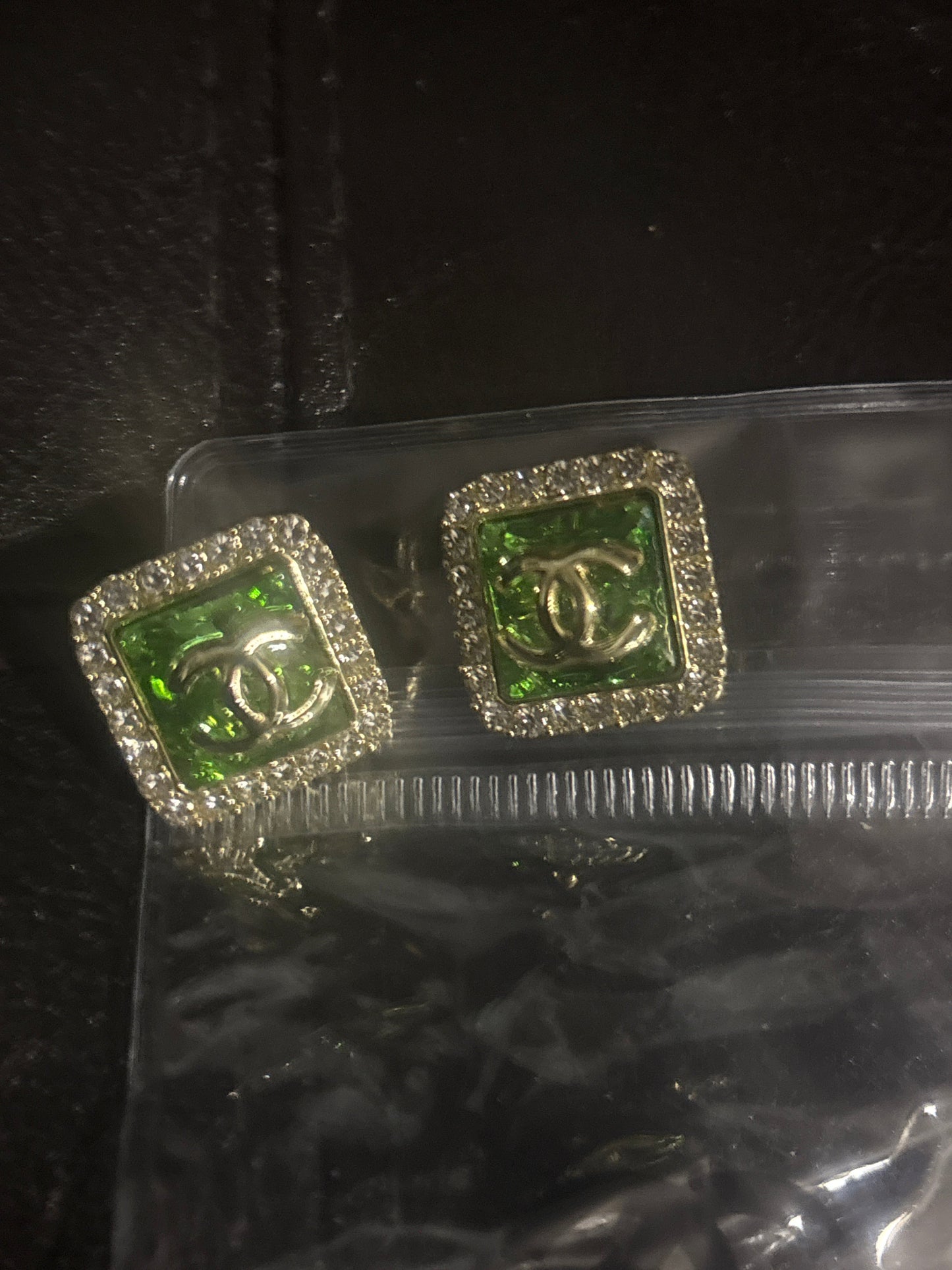 ✨ Emerald Green Crystal CC Logo Square Stud Earrings — Item #1562