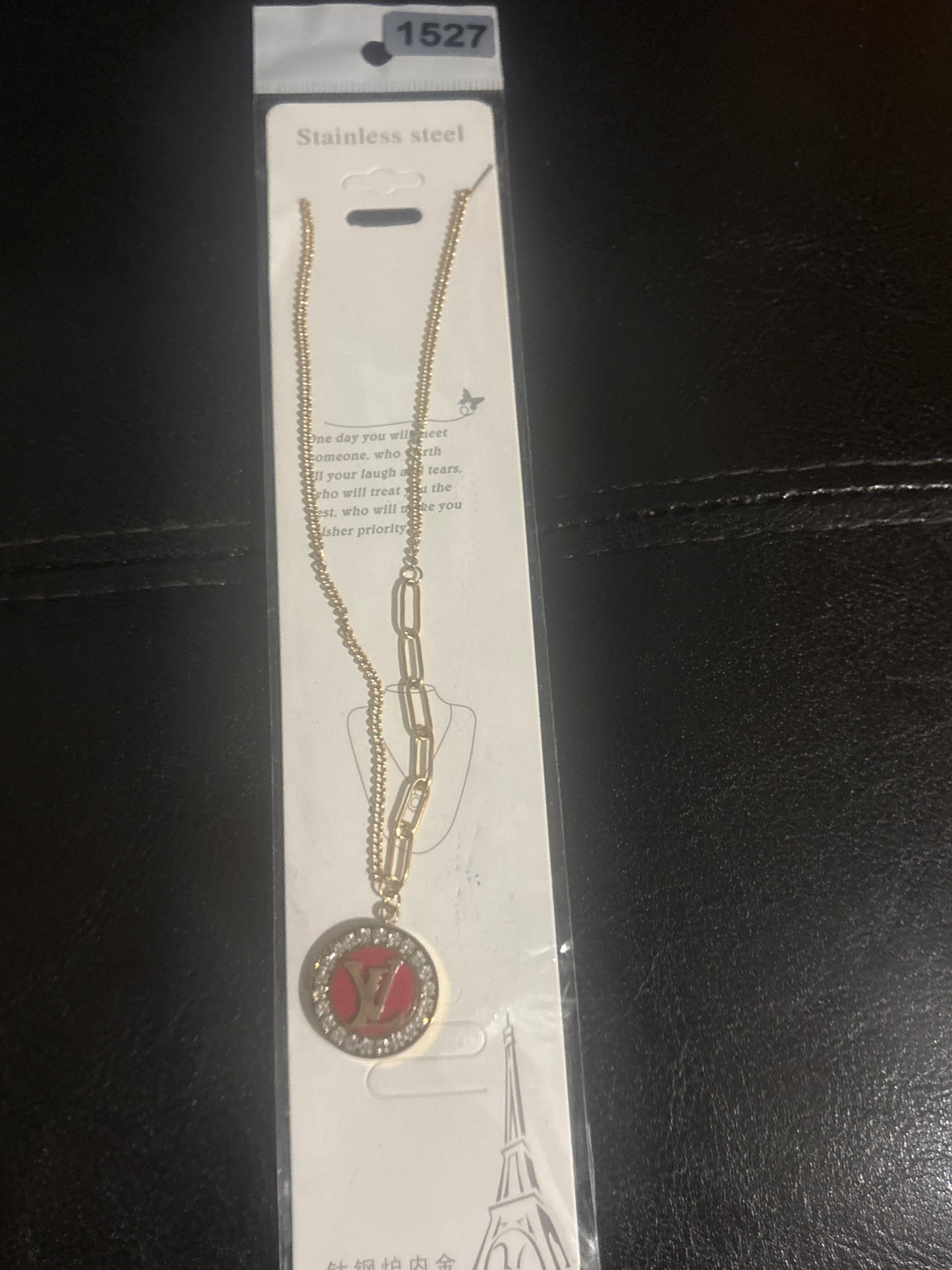 Gold Layered Chain Green/Red Enamel Crystal Logo Coin Pendant Necklace 💚♥️✨ #1524