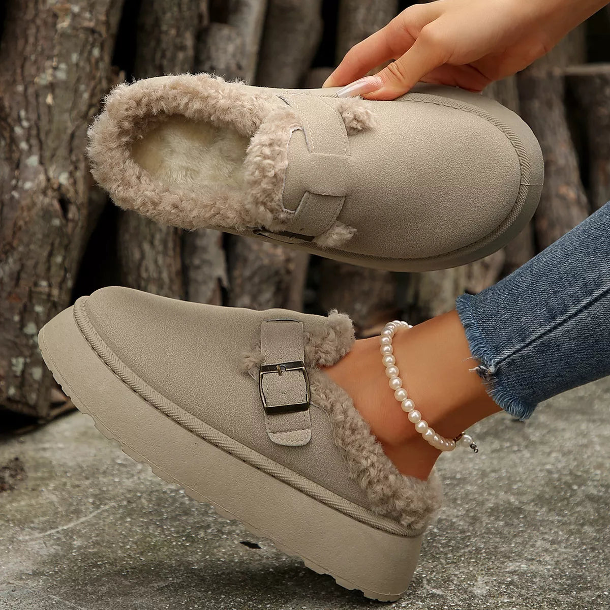 Fuzzy Trim Buckle Platform Slippers