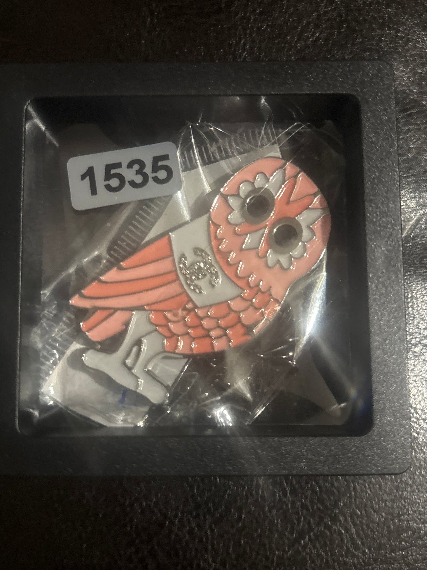 ✨ Pink & White Enamel Owl CC Logo Brooch Pin — Item #1535