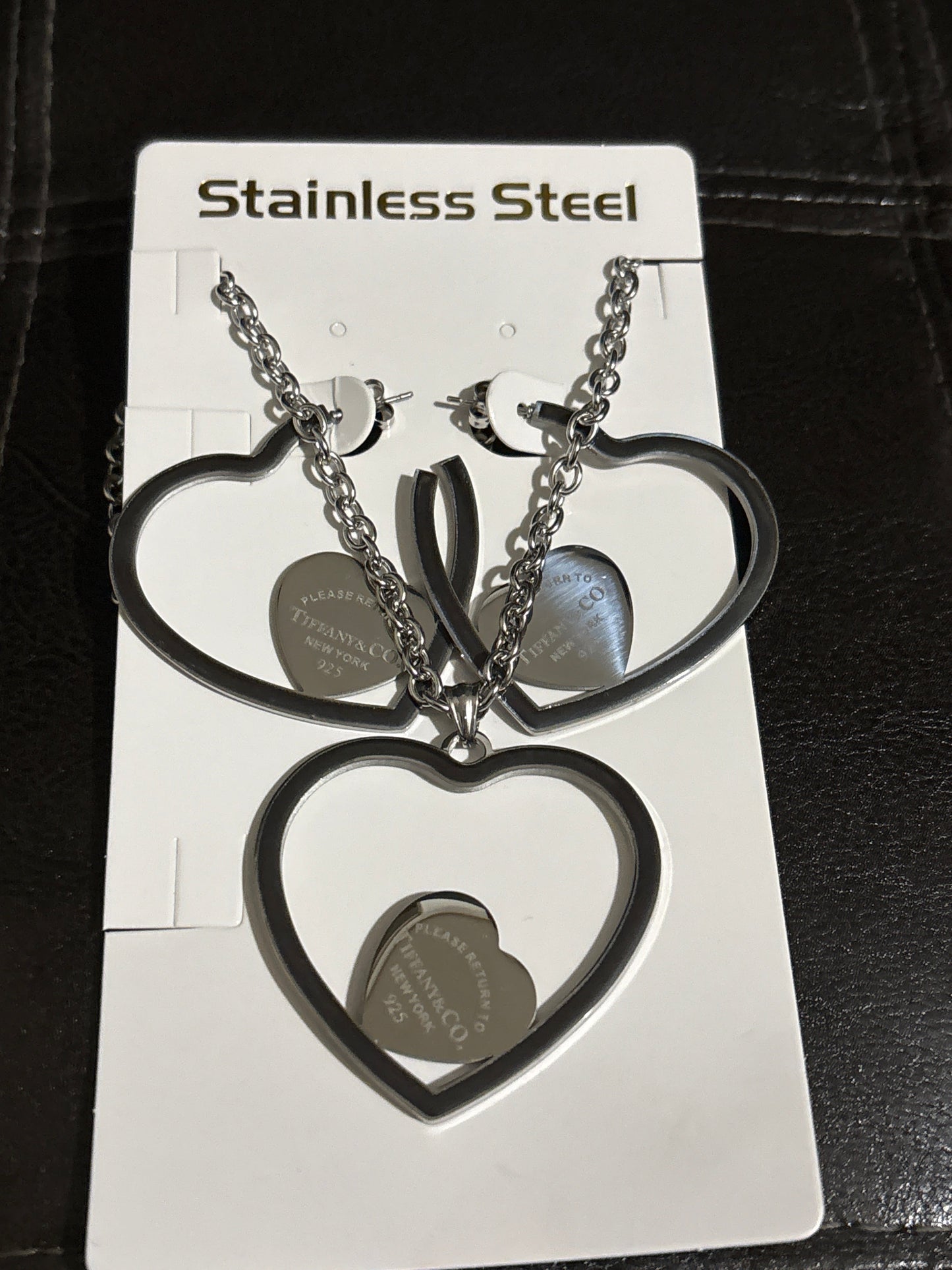 ❤️ Luxury Sterling Silver-Tone Stainless Steel Open Heart Hoop Earrings & Necklace 3-Piece Set — Style #1645 💎✨