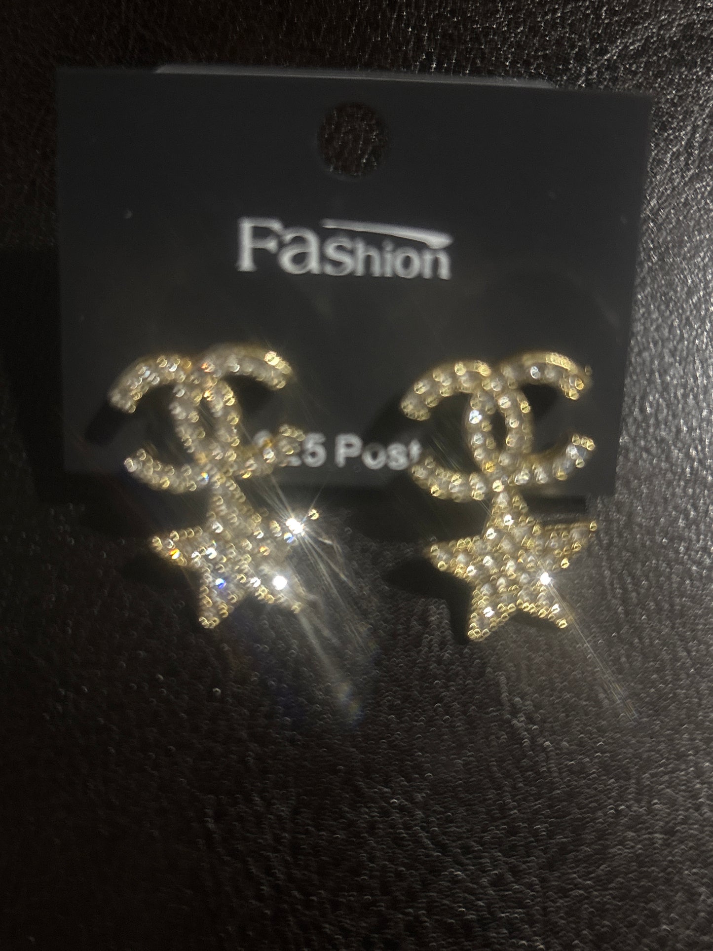 ✨ Crystal CC Logo & Star Drop Stud Earrings in Gold — Item #1352