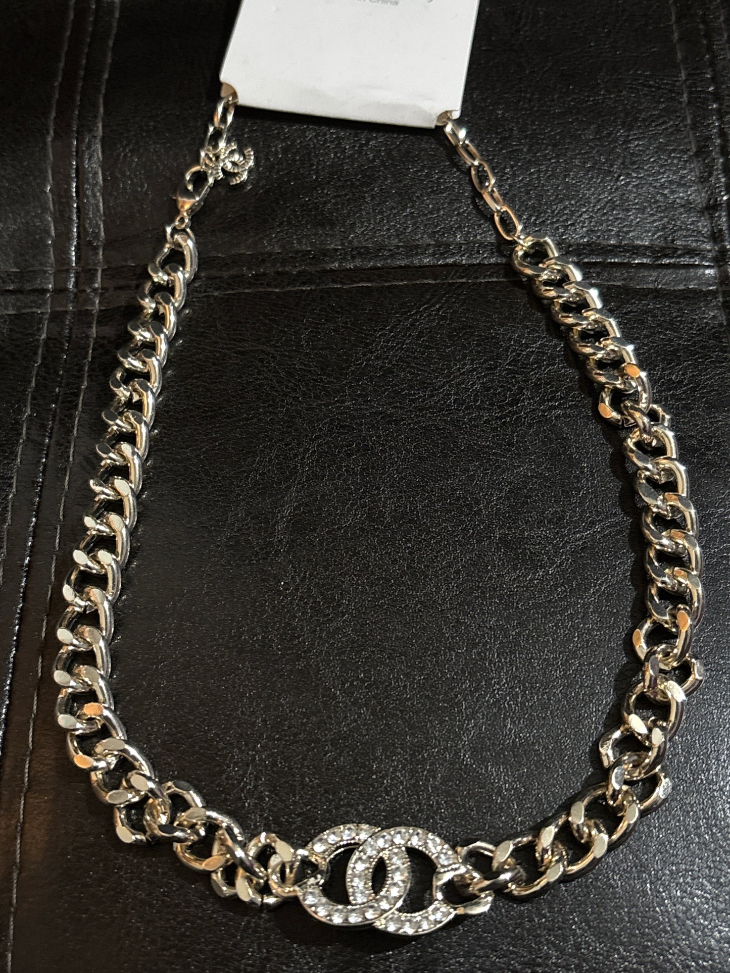 ⛓️ Luxury Silver-Tone Cuban Curb Chain & Crystal CC Centerpiece Choker — Style #1263 💎✨