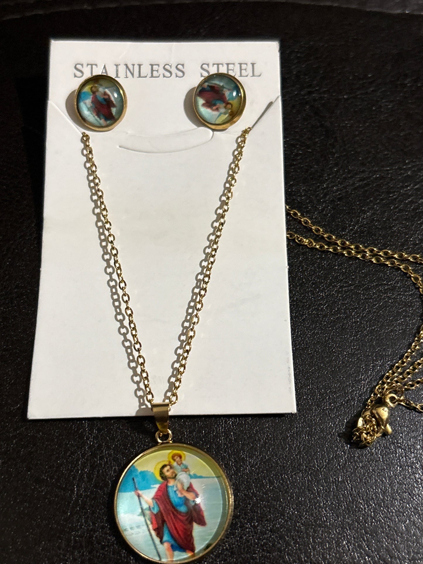 ✝️ Luxury Gold-Tone Stainless Steel Saint Christopher Cabochon Stud Earrings & Pendant Necklace Set — Style #1651 💎✨