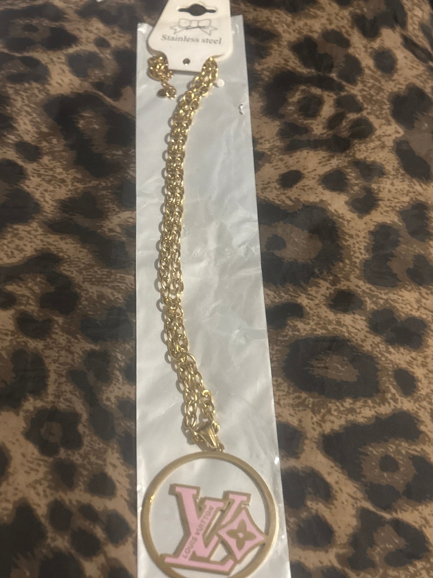 Pink & Gold LV Logo Pendant Necklace | Stainless Steel Chain | Designer-Inspired | Item #0011