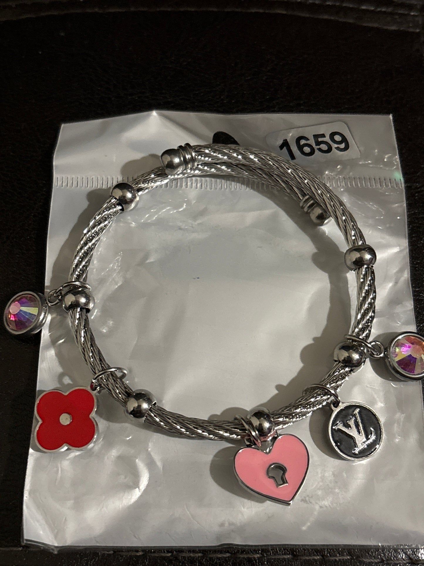 💜 Luxury Sterling Silver-Tone Stainless Steel Multi-Charm Twisted Cable Bangle Bracelet — Style #1659 💎✨
