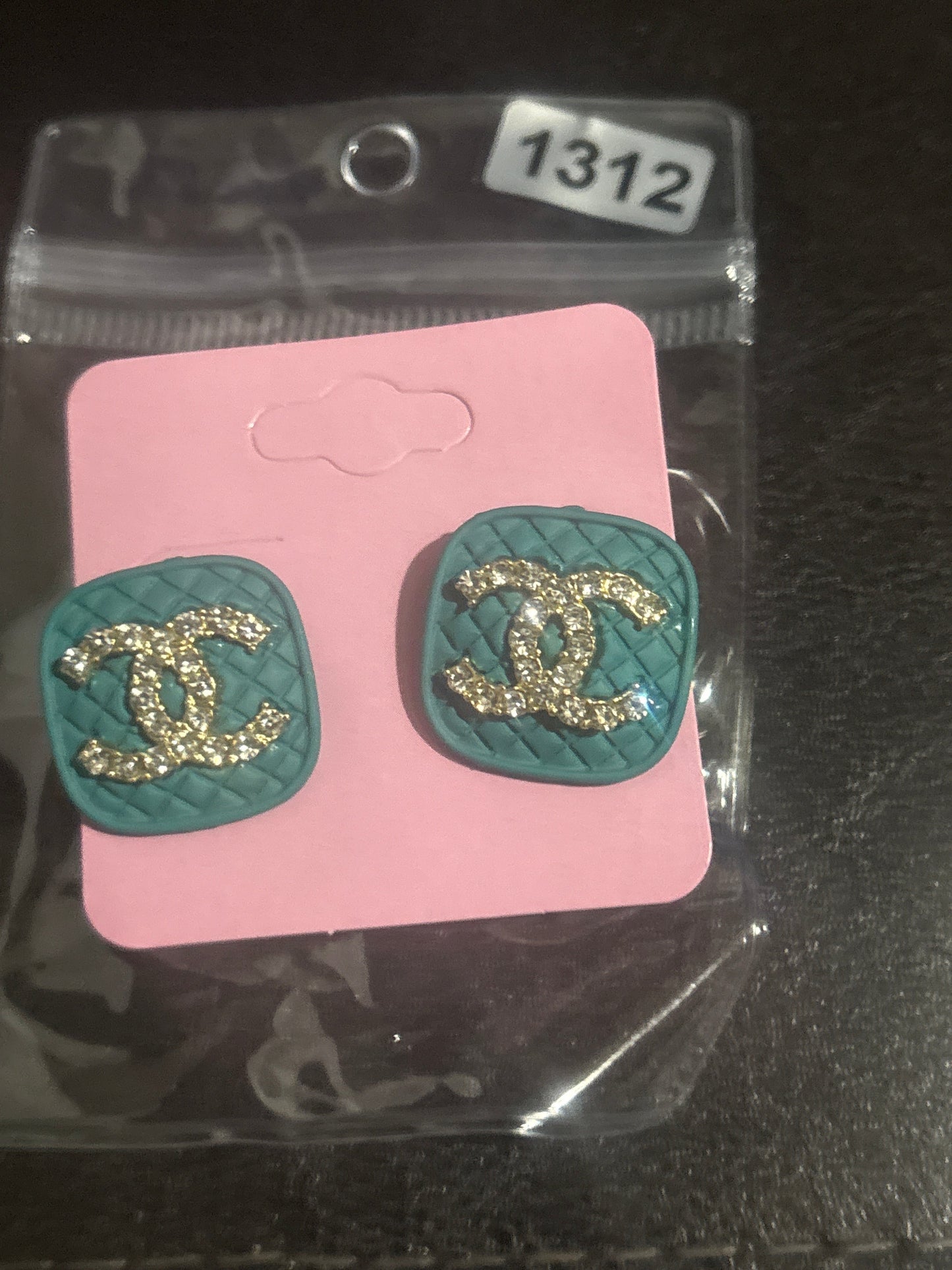 Luxury Inspired CC Crystal Teal Quilted Square Stud Earrings 💧💎✨
