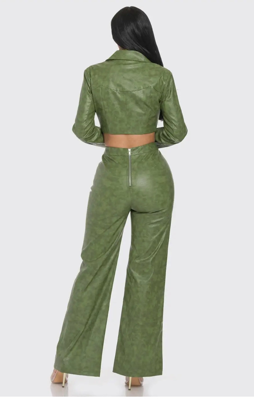 ✨Olive Green Rhinestone Faux Leather Two-Piece Set💚