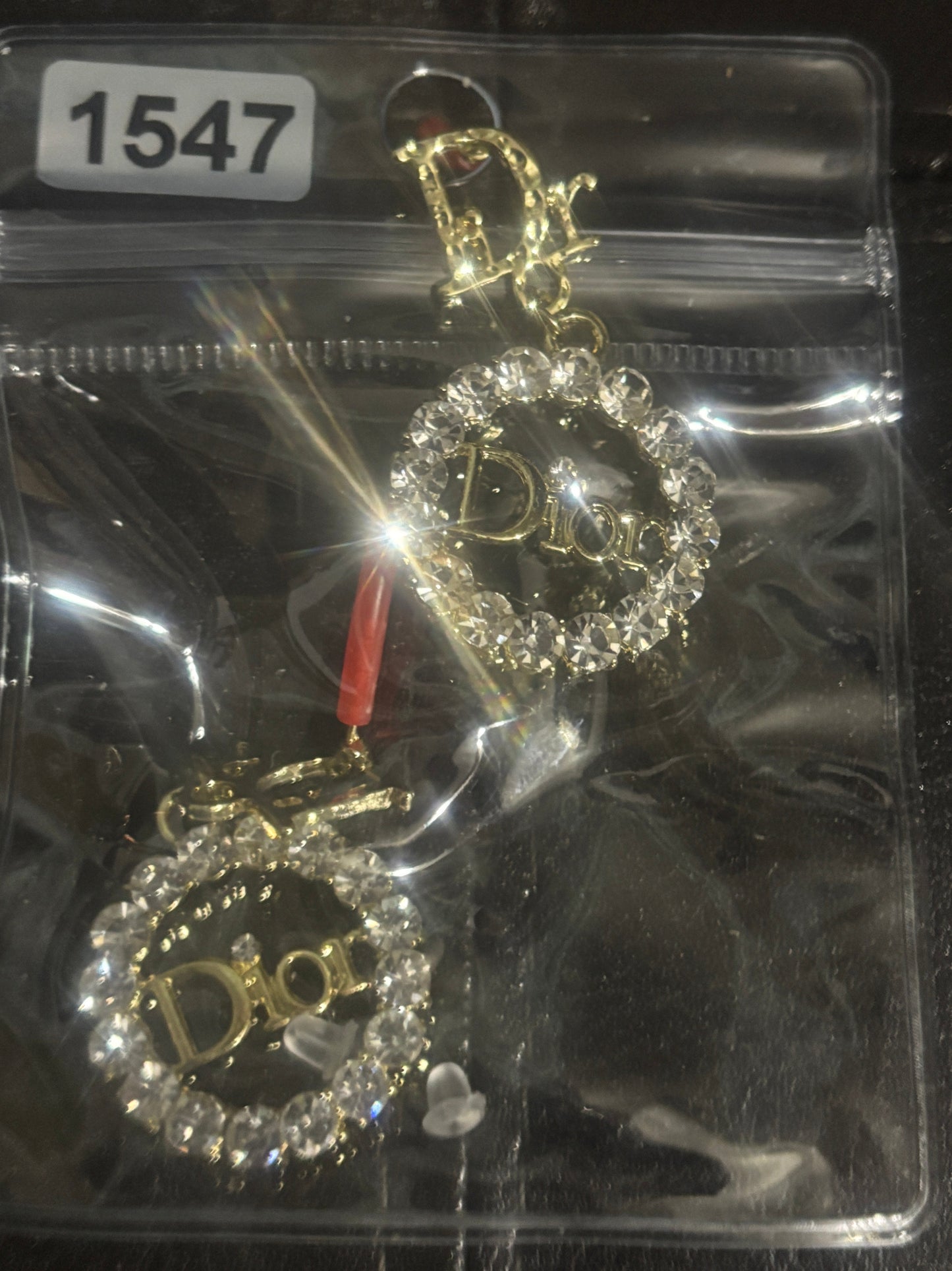 ✨ Crystal Rhinestone Circle Logo Script Drop Earrings in Gold — Item #1546