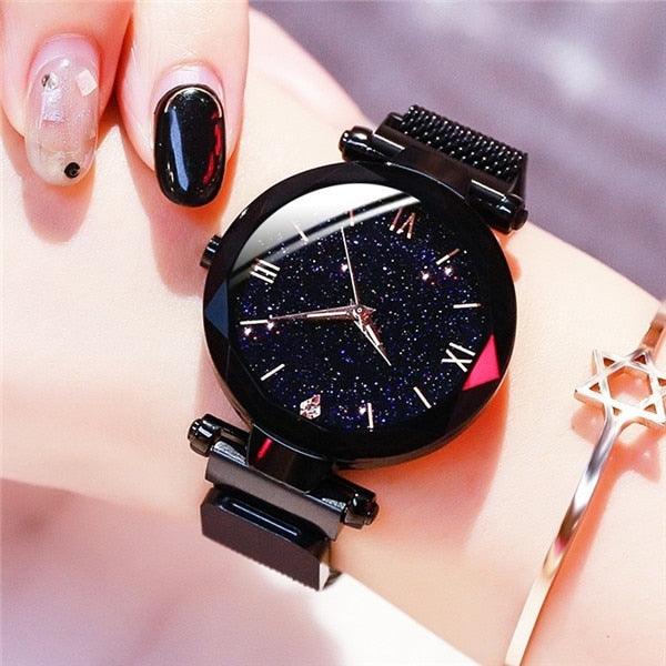 Women's Starry Sky Diamond Quartz Watch ⌚✨ Magnet Buckle Mesh Band | Gold, Purple, Black & Blue 💜💙🖤