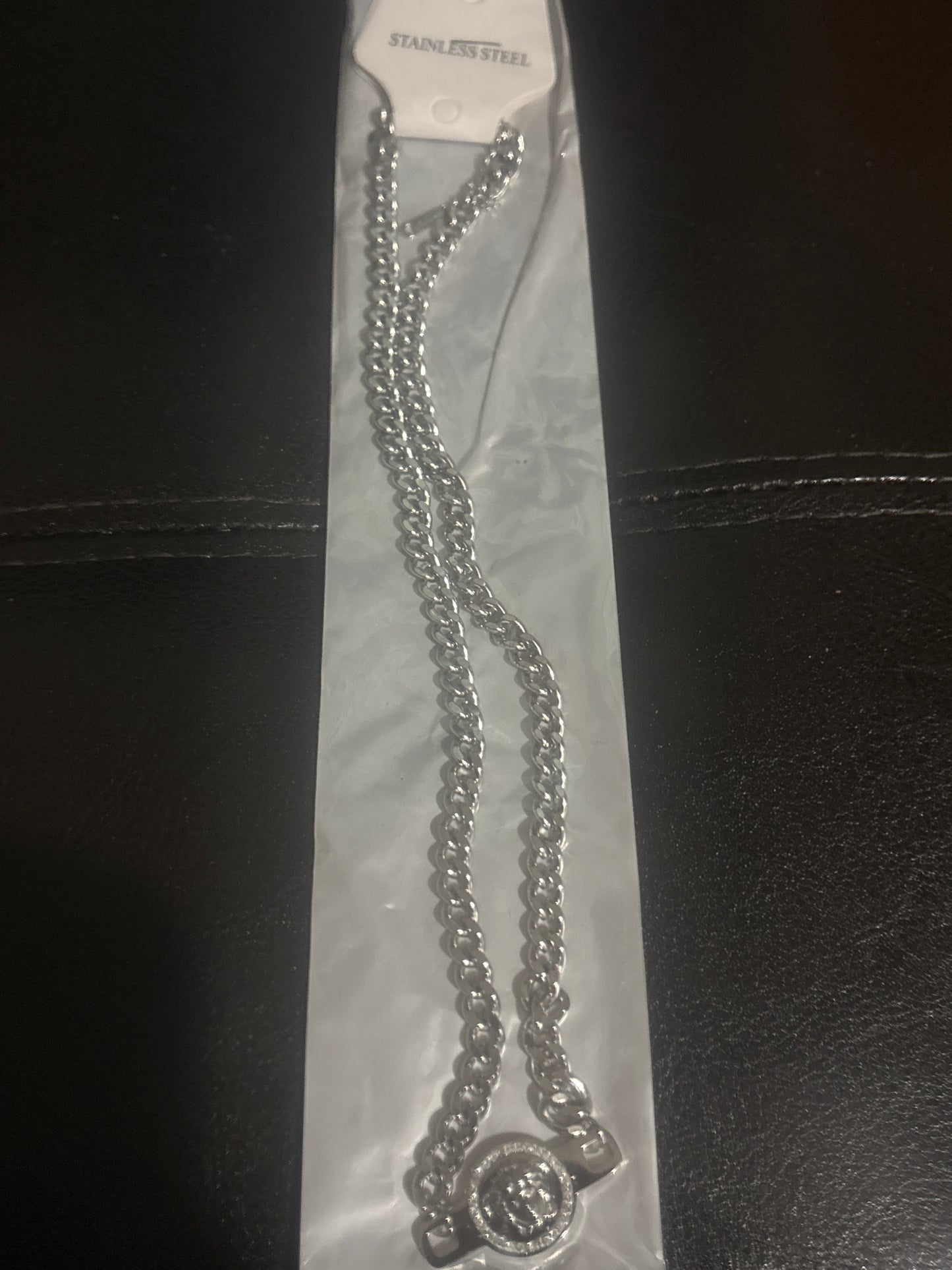 Silver Cuban Link Chain Double-C Logo Coin Pendant Necklace �ꩩ✨ #1561
