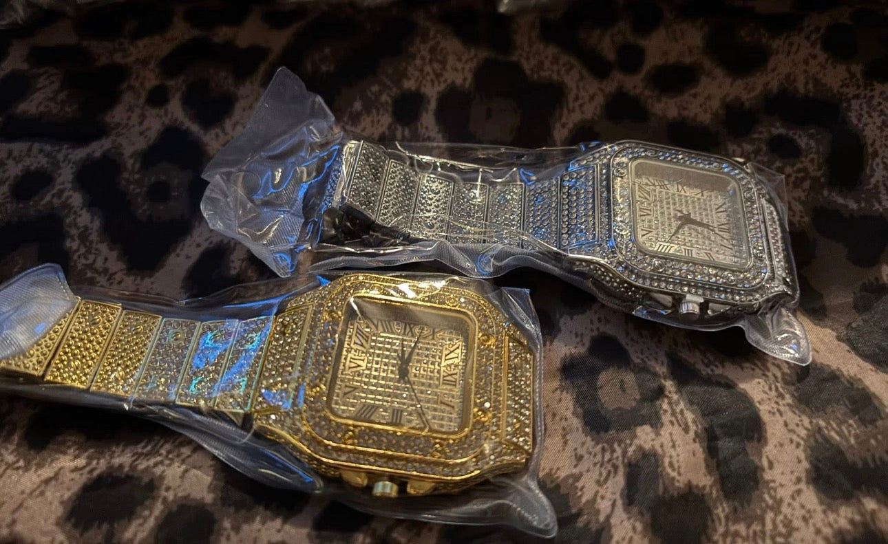 Gold and silver iced out luxury square watches with simulated diamond stones