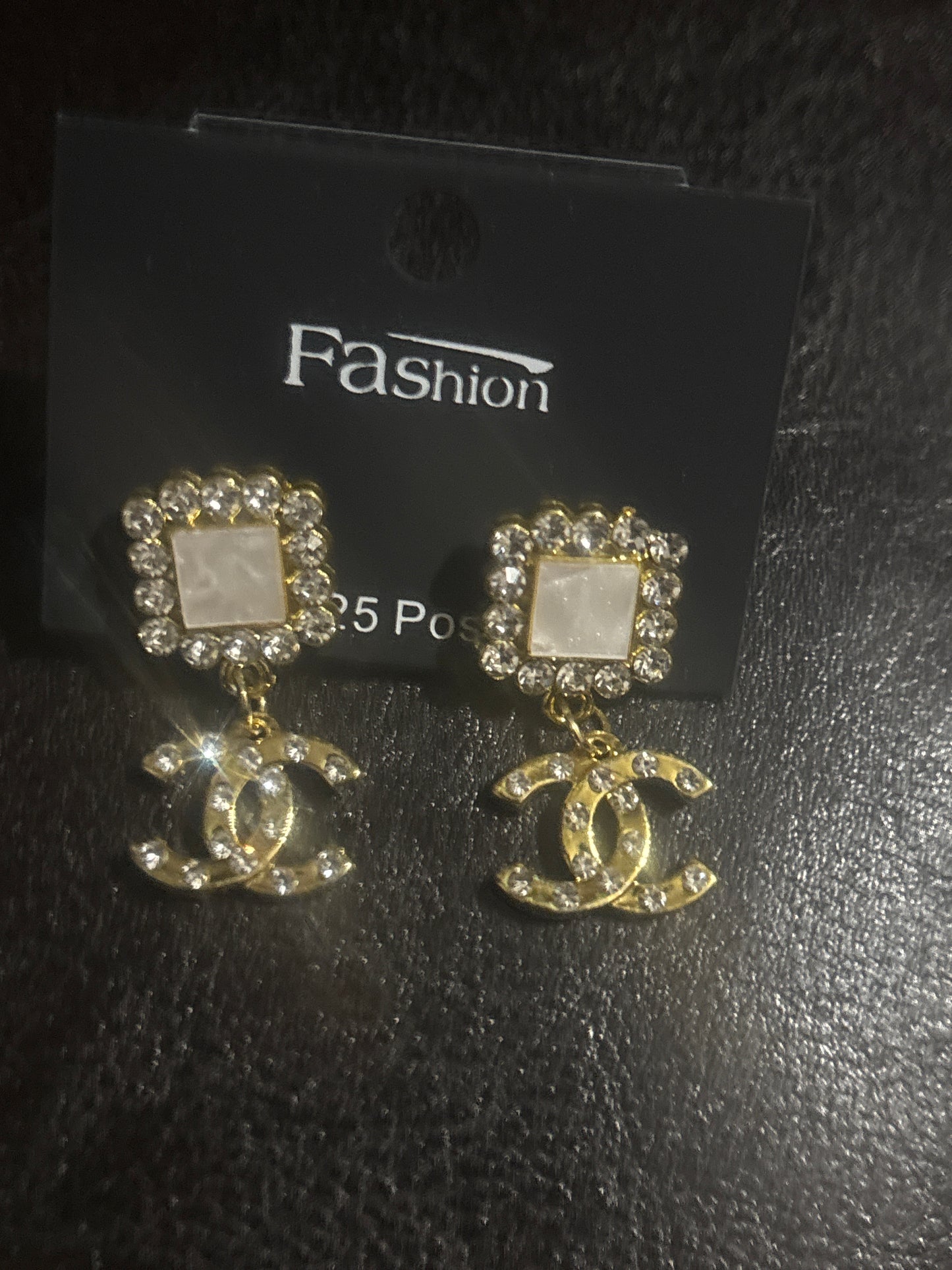 ✨ Square Crystal Top & CC Logo Drop Earrings — Gold & Silver — Items #1110  #1146