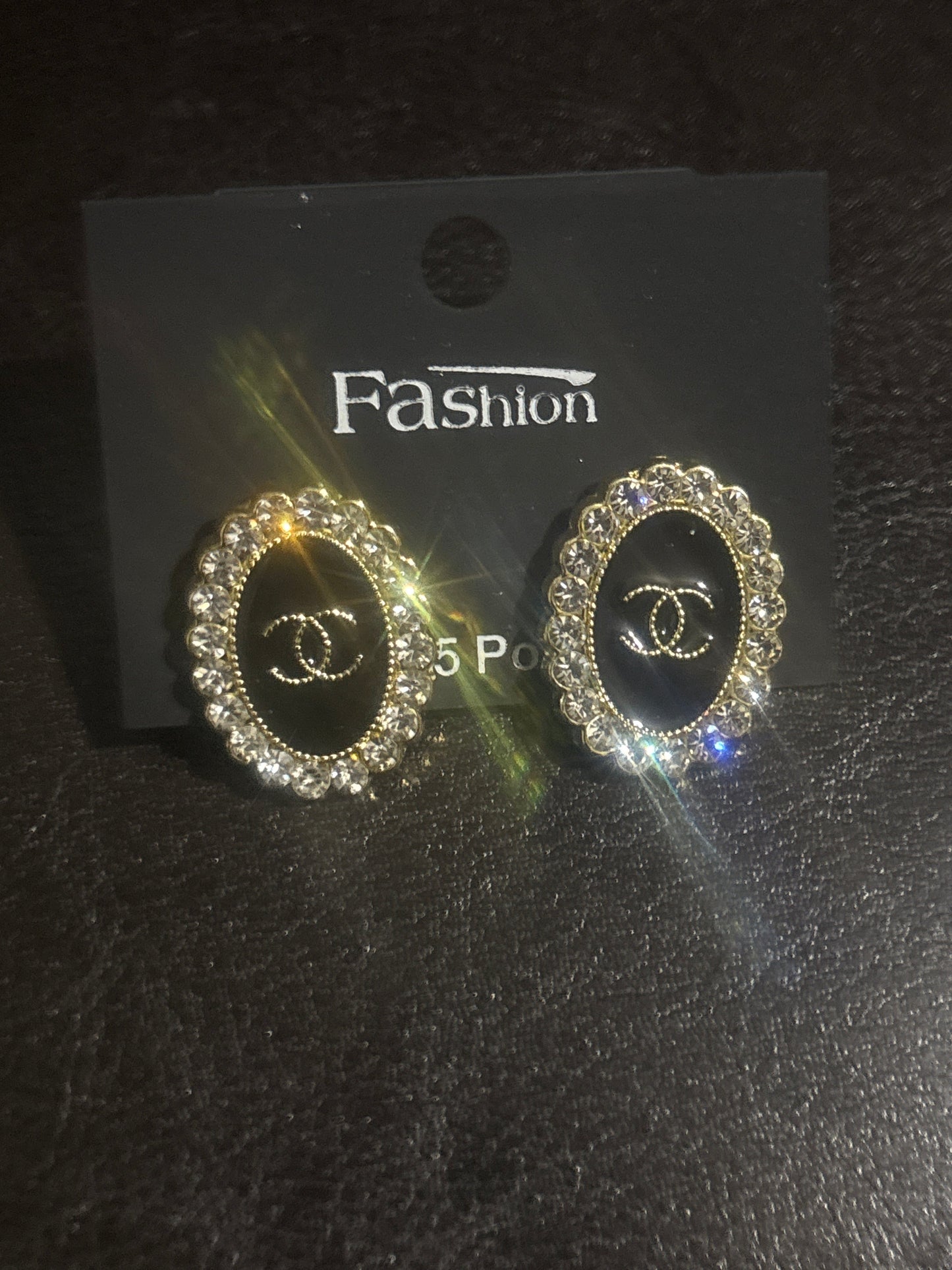 Luxury Inspired CC Black Enamel Crystal Halo Oval Stud Earrings 🖤💎✨