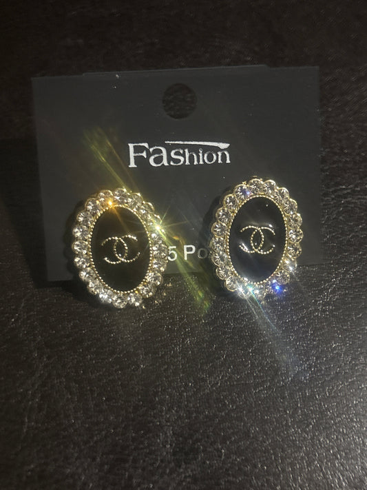 Luxury Inspired CC Black Enamel Crystal Halo Oval Stud Earrings 🖤💎✨