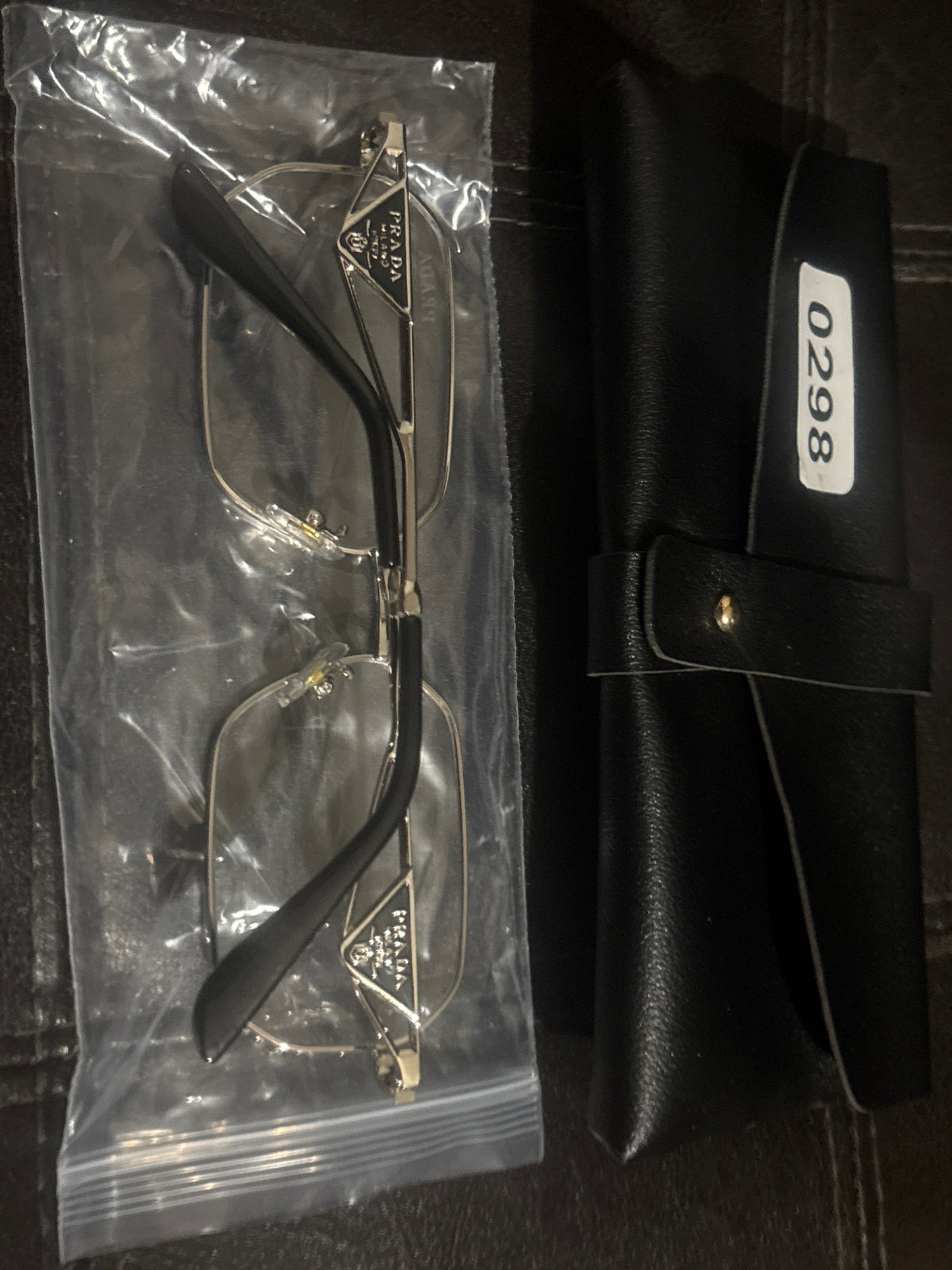 Prada Inspired Black & Silver Thin Metal Rectangular Eyeglasses 🖤🤍✨ | Gold Prada Triangle Logo | Black Leather Case | Luxury Designer-Inspired Eyewear 💎