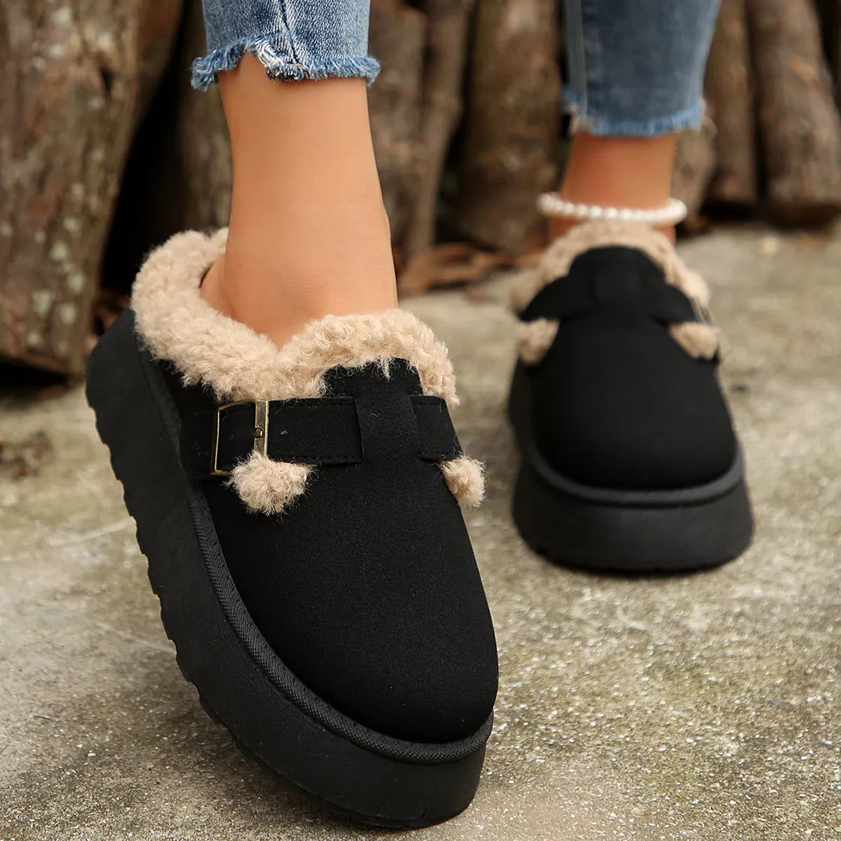 Fuzzy Trim Buckle Platform Slippers