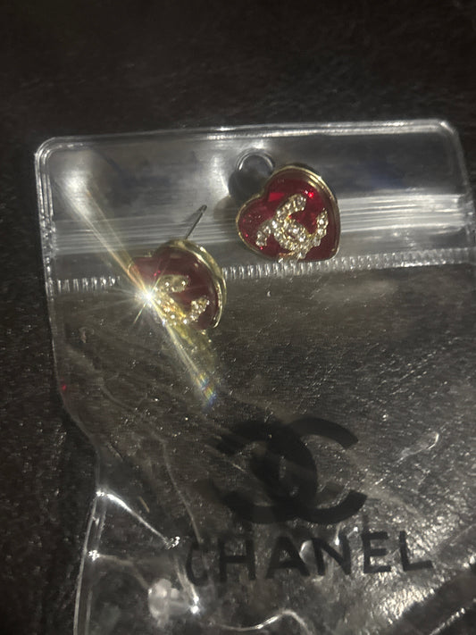 Red Enamel Heart CC Stud Earrings