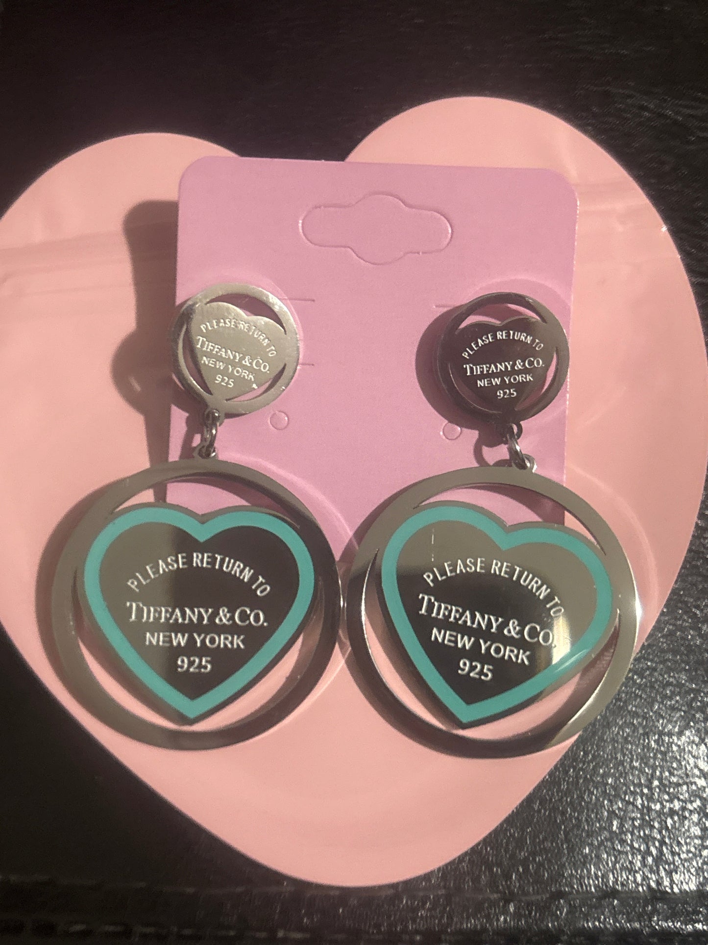 "Return to Tiffany & Co." Teal Heart-in-Hoop Drop Earrings 💙🪨✨ Silver Stainless Steel | Enamel Heart Pendant | Luxury Statement Jewelry 💎