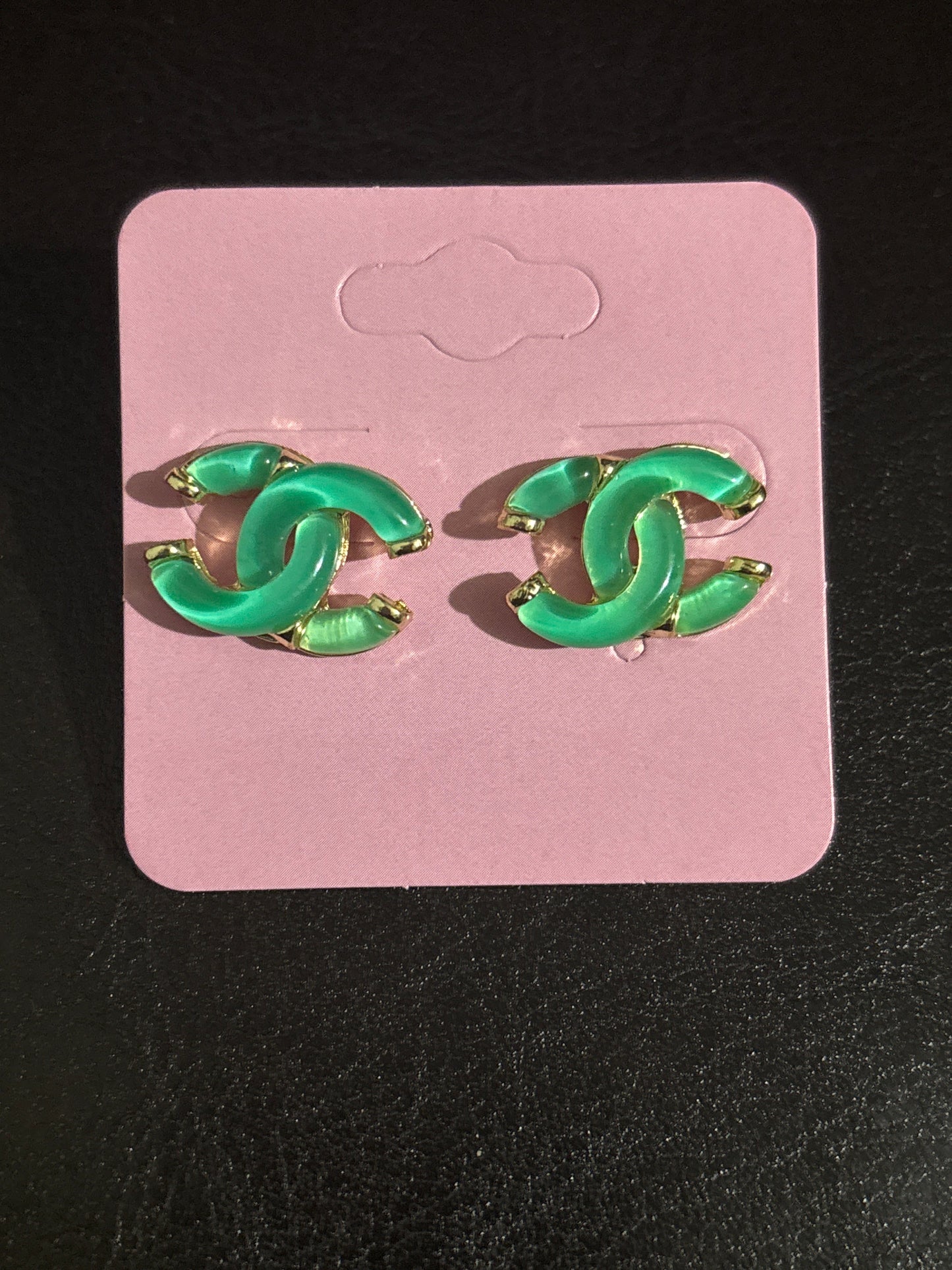 Luxury Mint Green Enamel Double-C Interlocking Logo Stud Earrings with Gold-Tone Trim 🩵💛✨
