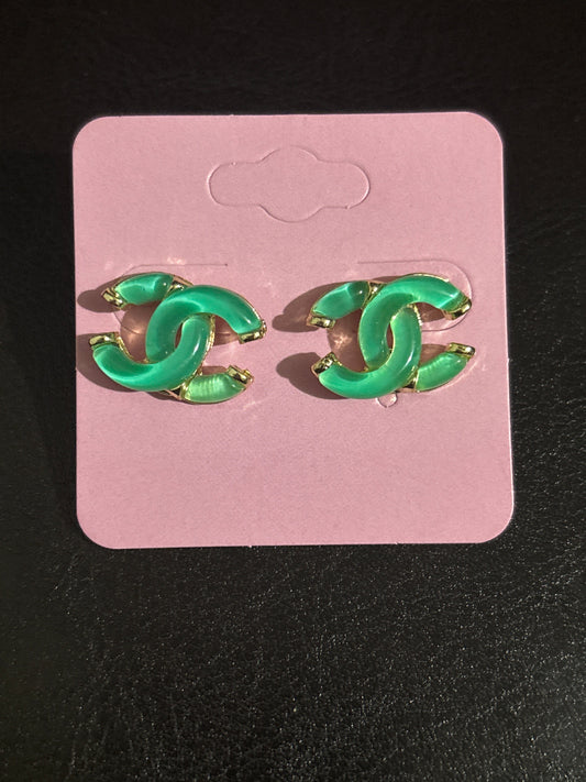 Luxury Mint Green Enamel Double-C Interlocking Logo Stud Earrings with Gold-Tone Trim 🩵💛✨
