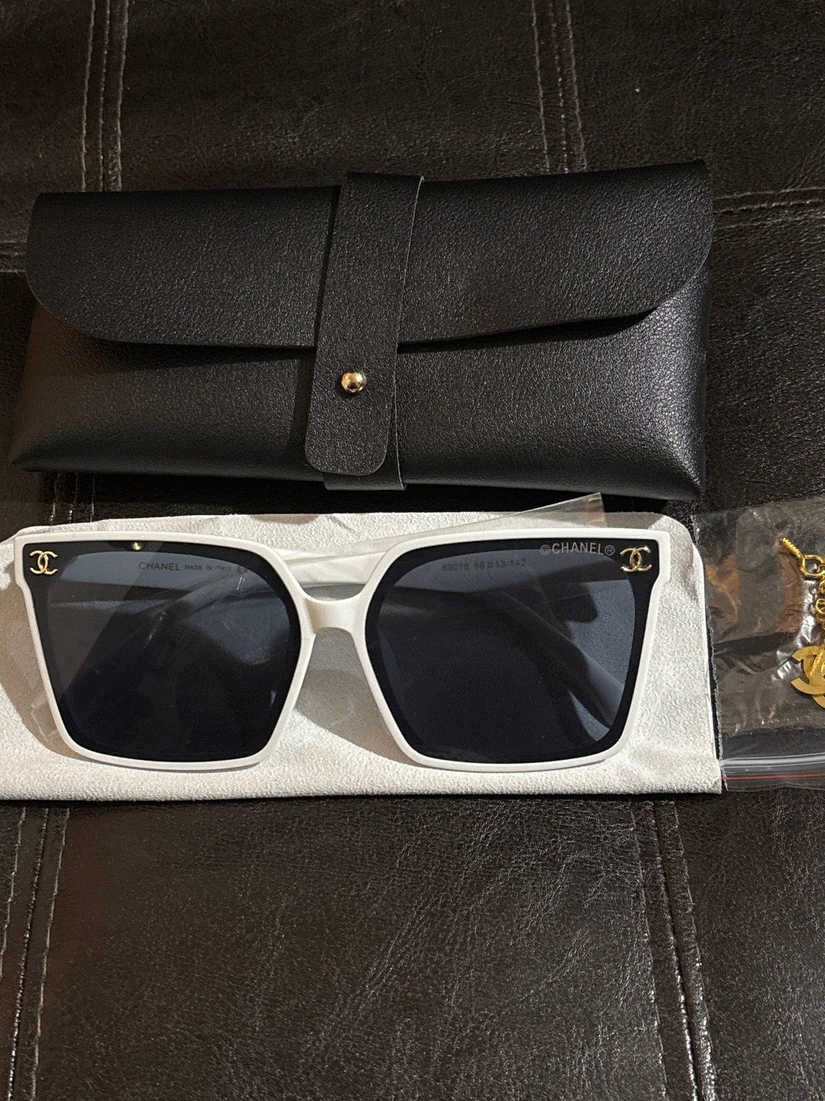 White Oversized Square Frame Sunglasses | Dark Lens & Gold CC Logo Hardware | Includes Leather Case ✨🕶️ #0350
