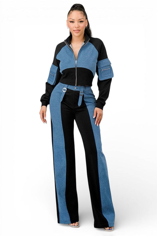 Set aus Crop-Jacke und Hose aus gemischtem Material