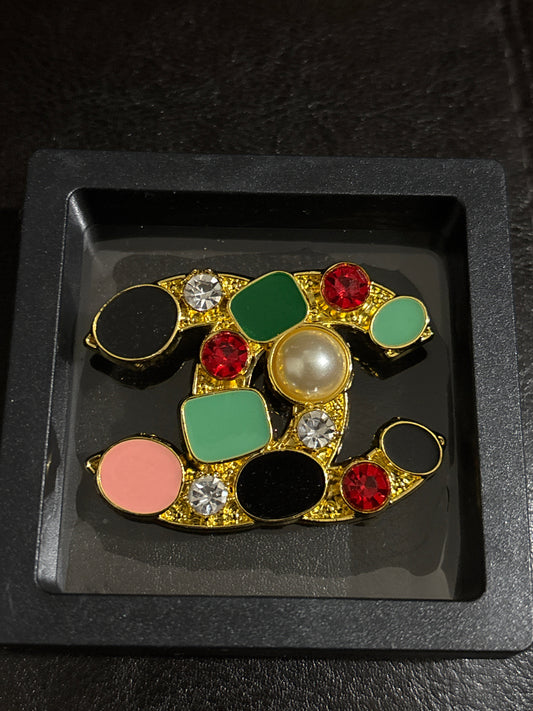 🌟 Luxury Gold-Tone Multicolor Gemstone & Pearl CC Logo Brooch Pin — Style #1082 💎✨