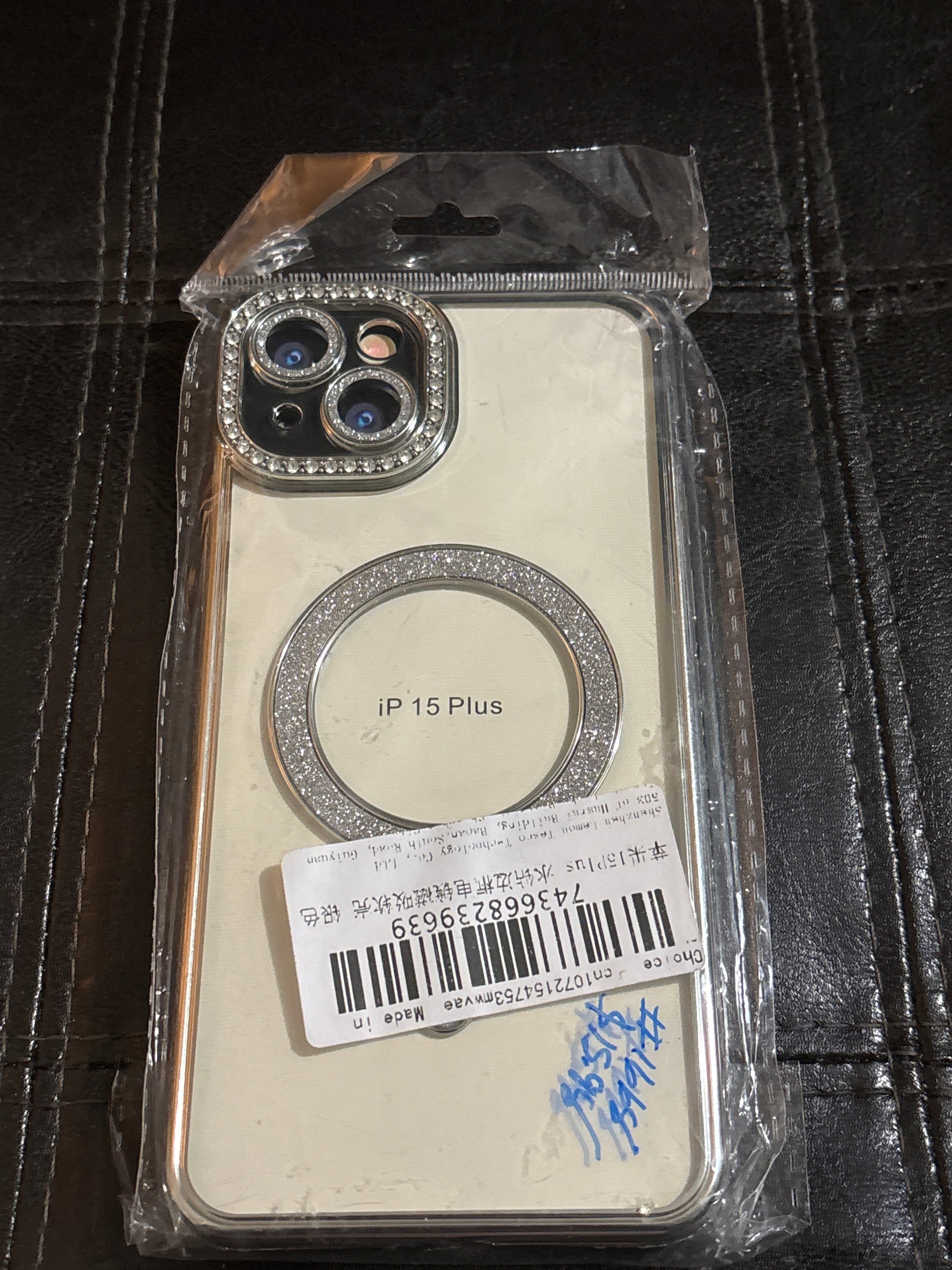 Silver electroplated clear bling rhinestone MagSafe iPhone 15 Plus case with crystal camera lens frame and glitter MagSafe ring showing iP 15 Plus label #1668