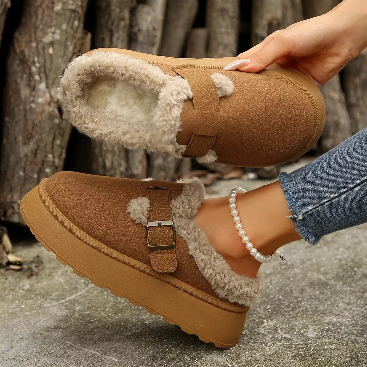 Fuzzy Trim Buckle Platform Slippers
