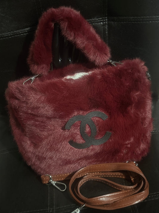 Luxury Inspired CC Logo Burgundy Faux Fur Tote Handbag with Crossbody Strap 🍷🤎✨