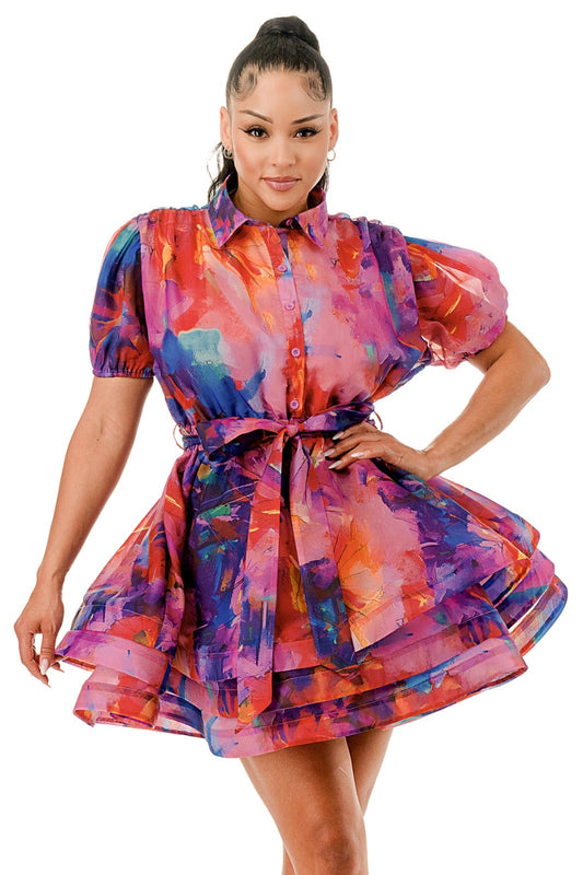 Kurzärmliges, transparentes, langärmliges Lagenkleid mit Rüschen