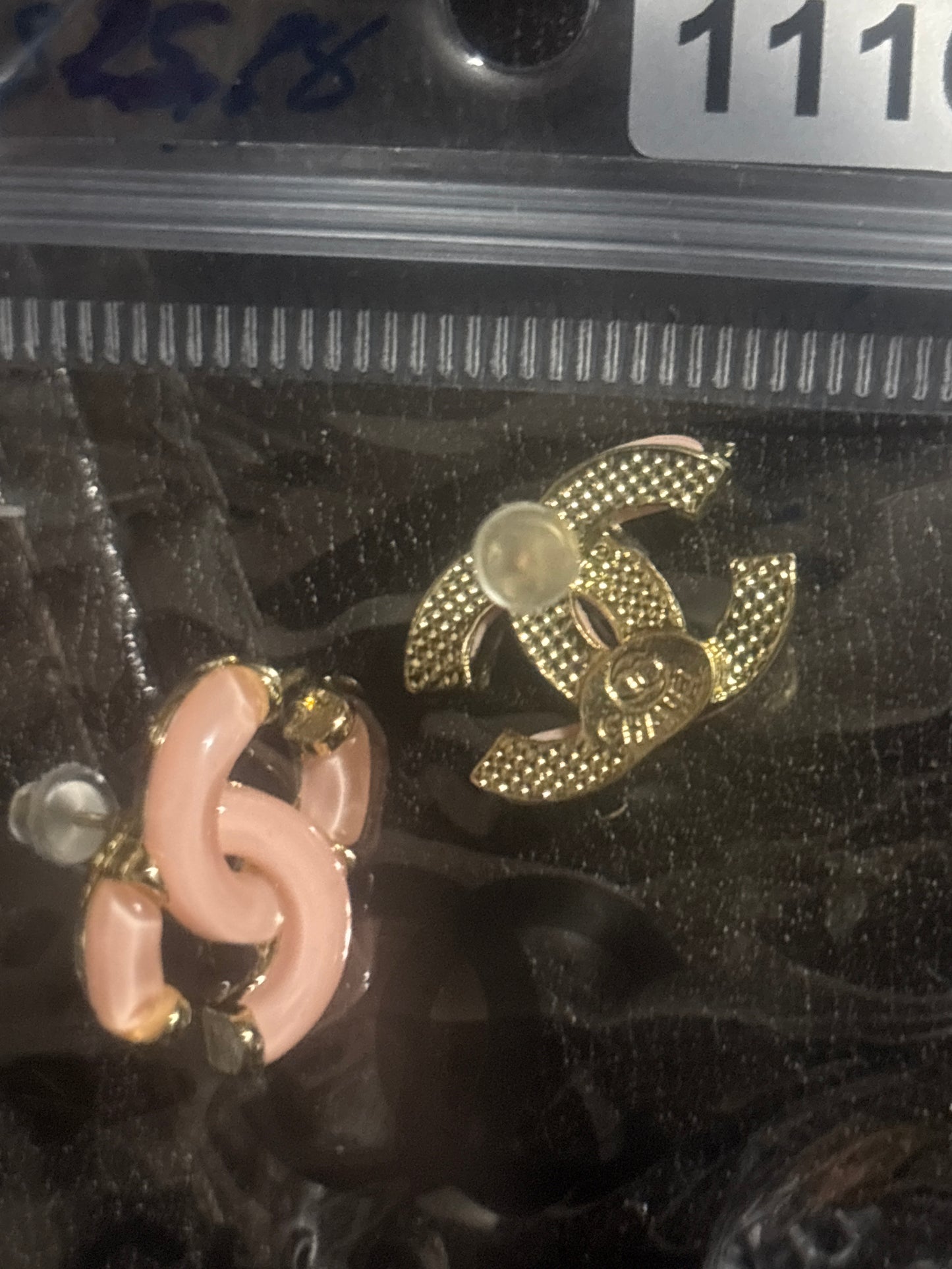 ✨ Blush Pink Enamel CC Logo Stud Earrings in Gold — Items #1116 & #1112