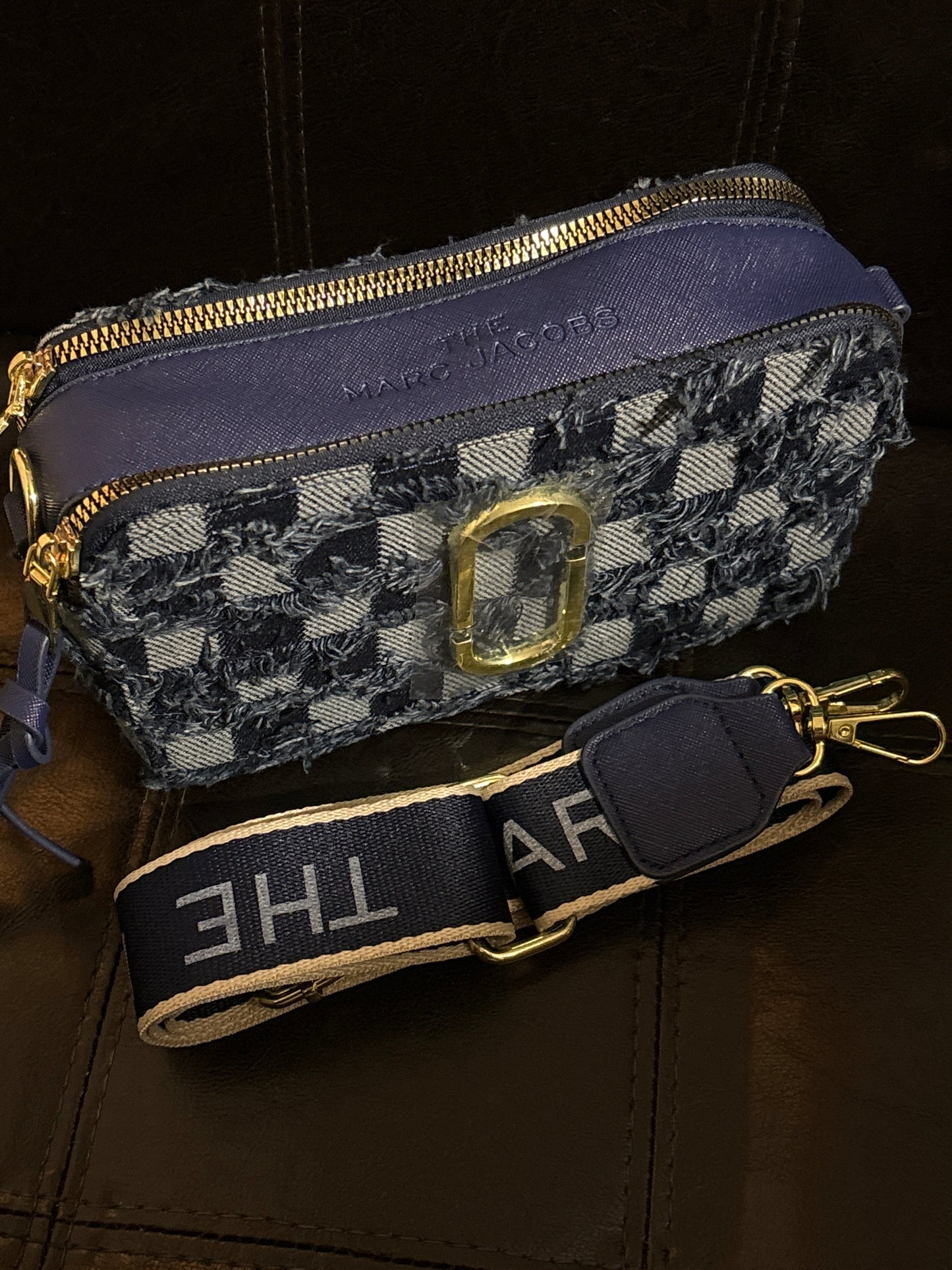Luxury Inspired Marc Jacobs The Snapshot Camera Bag | Frayed Denim Checkerboard & Gold Hardware 🖤📸✨ #0341