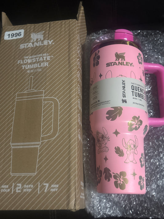 🌺💗 Stanley Quencher H2.0 FlowState Tumbler 40oz — Pink Stitch & Hibiscus Print — Item #1996