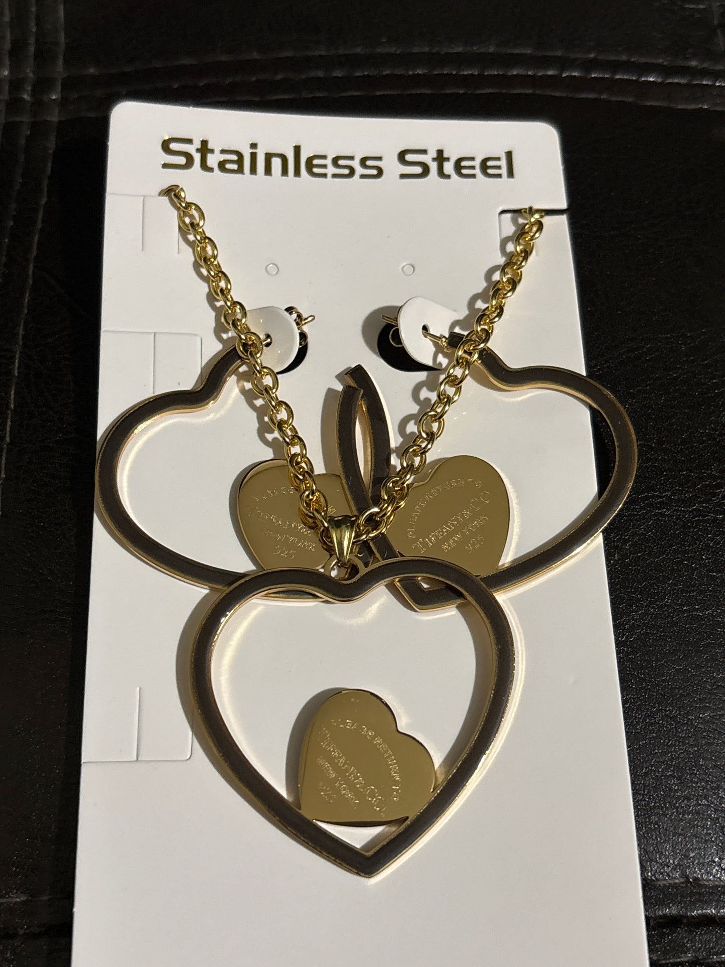 ❤️ Luxury Gold-Tone Stainless Steel Open Heart Hoop Earrings & Necklace 3-Piece Set — Style #1646 💎✨