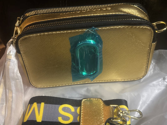 Marc Jacobs Snapshot Camera Bag 🥇✨ Metallic Gold | Black, Gray & Yellow Logo Strap 💎👜