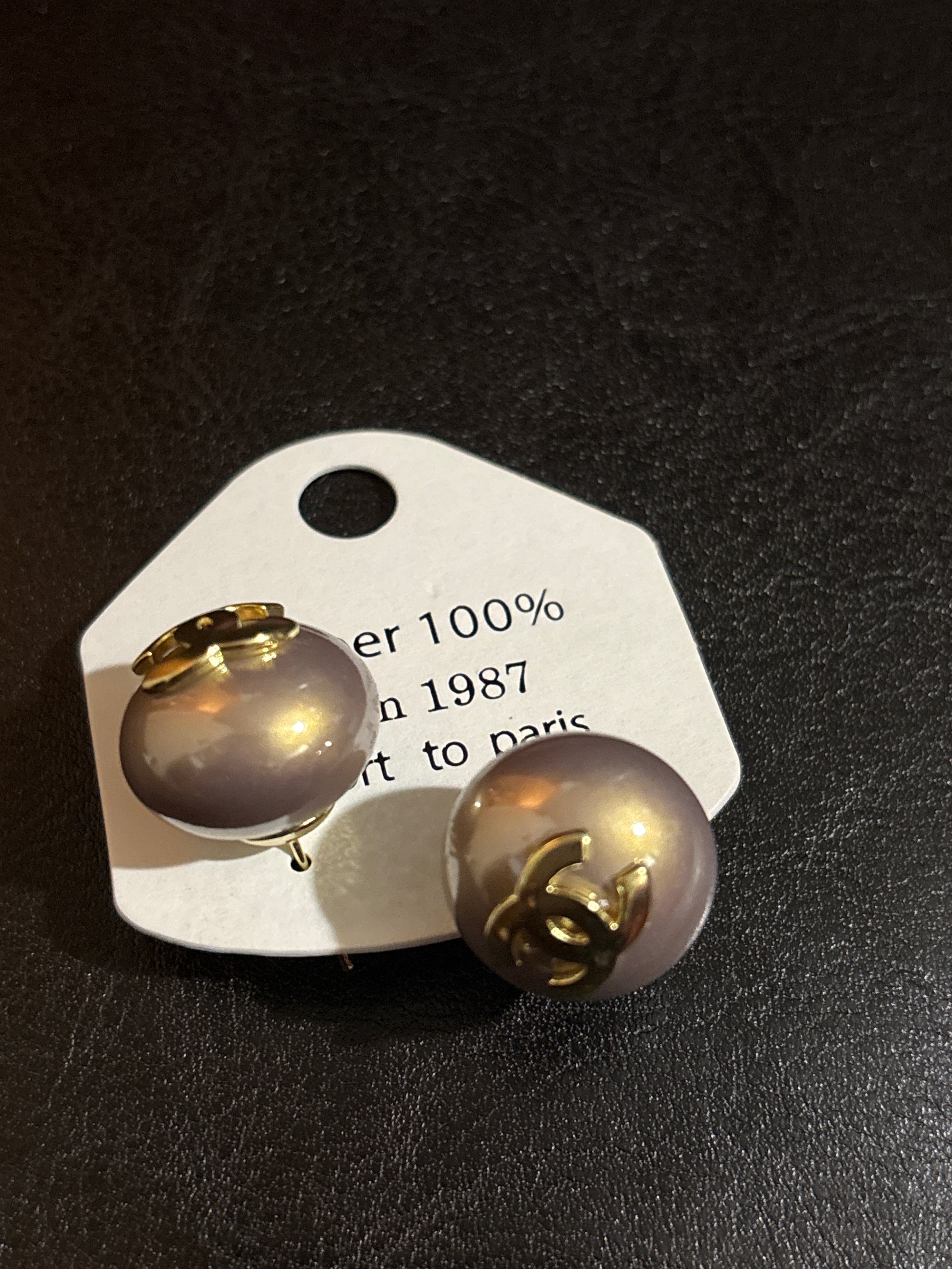 Oversized taupe faux pearl ball stud earrings with gold-tone camellia flower cap and double initial logo back item 1264