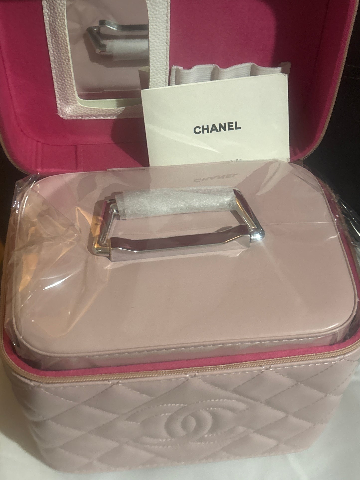 Luxury Inspired CC Quilted Blush Pink Vanity Case Set with Mirror & Cosmetic Pouch 🌸💰✨